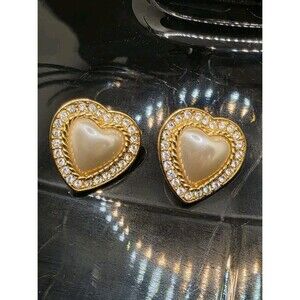 Vintage Janette Smillie Signed JS Faux Pearl Rhinestone Heart Pierced Earrings